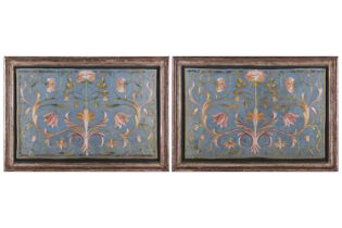 A pair of mid eighteenth century Italian embroidered silk needlework panels depicting floral