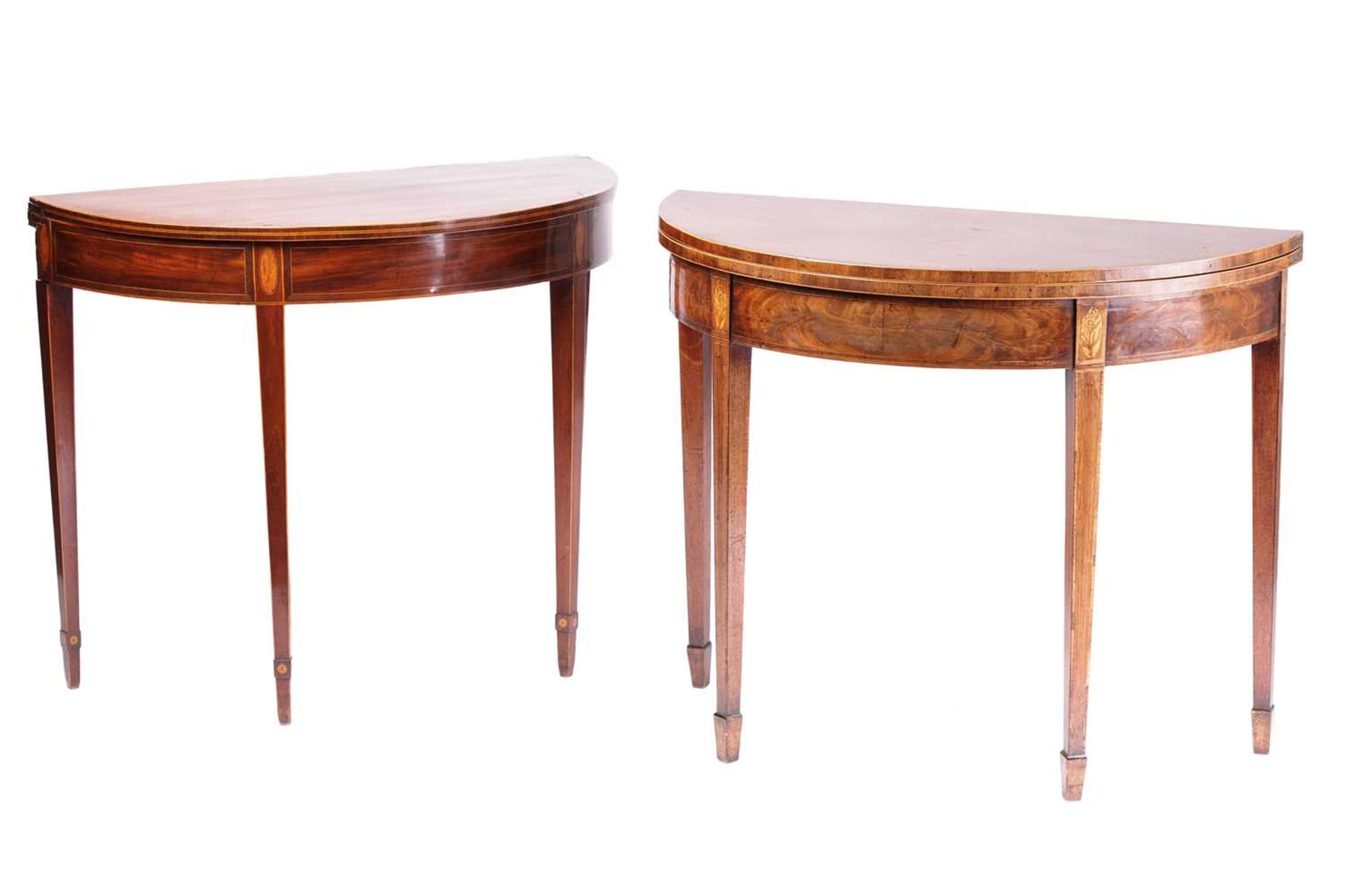 Two similar George III mahogany demi tables one a gaming table with crossbanded top and lined in - Image 2 of 6