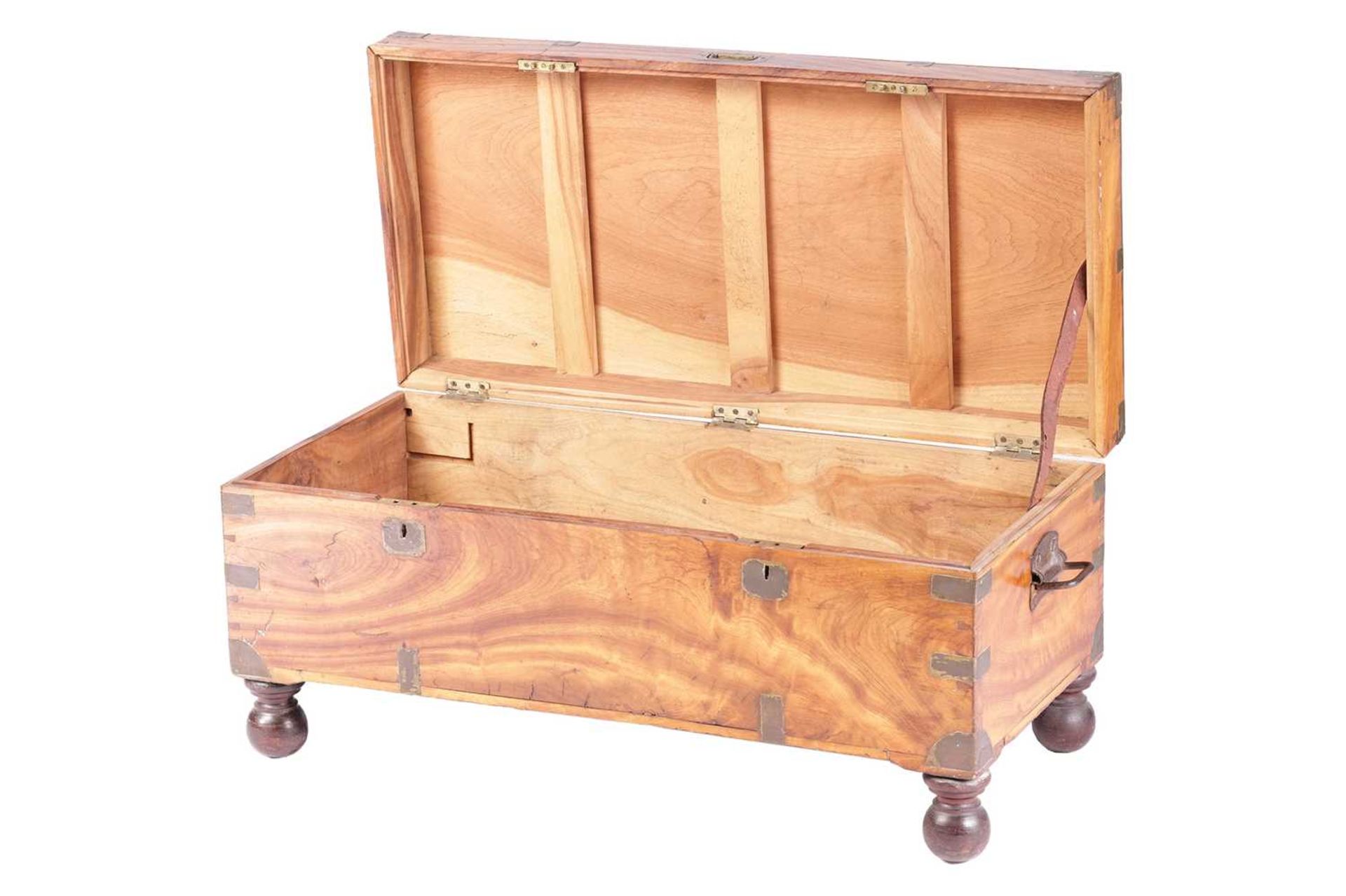 A Victorian brass-bound teakwood campaign trunk with a hinged cover fitted sunken folding bale - Image 2 of 3