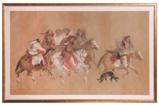 A large Chinese watercolour of a Tartar/Mongolian hunting party, probably c1900, with a mounted