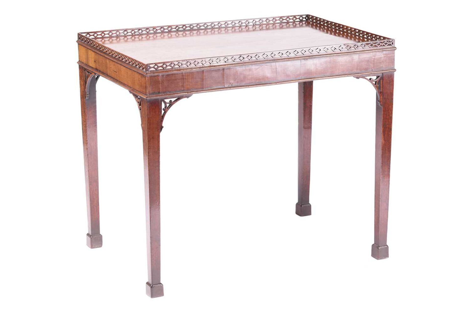 A George III mahogany rectangular silver table with a pierced gallery top and corner brackets, on - Image 3 of 16