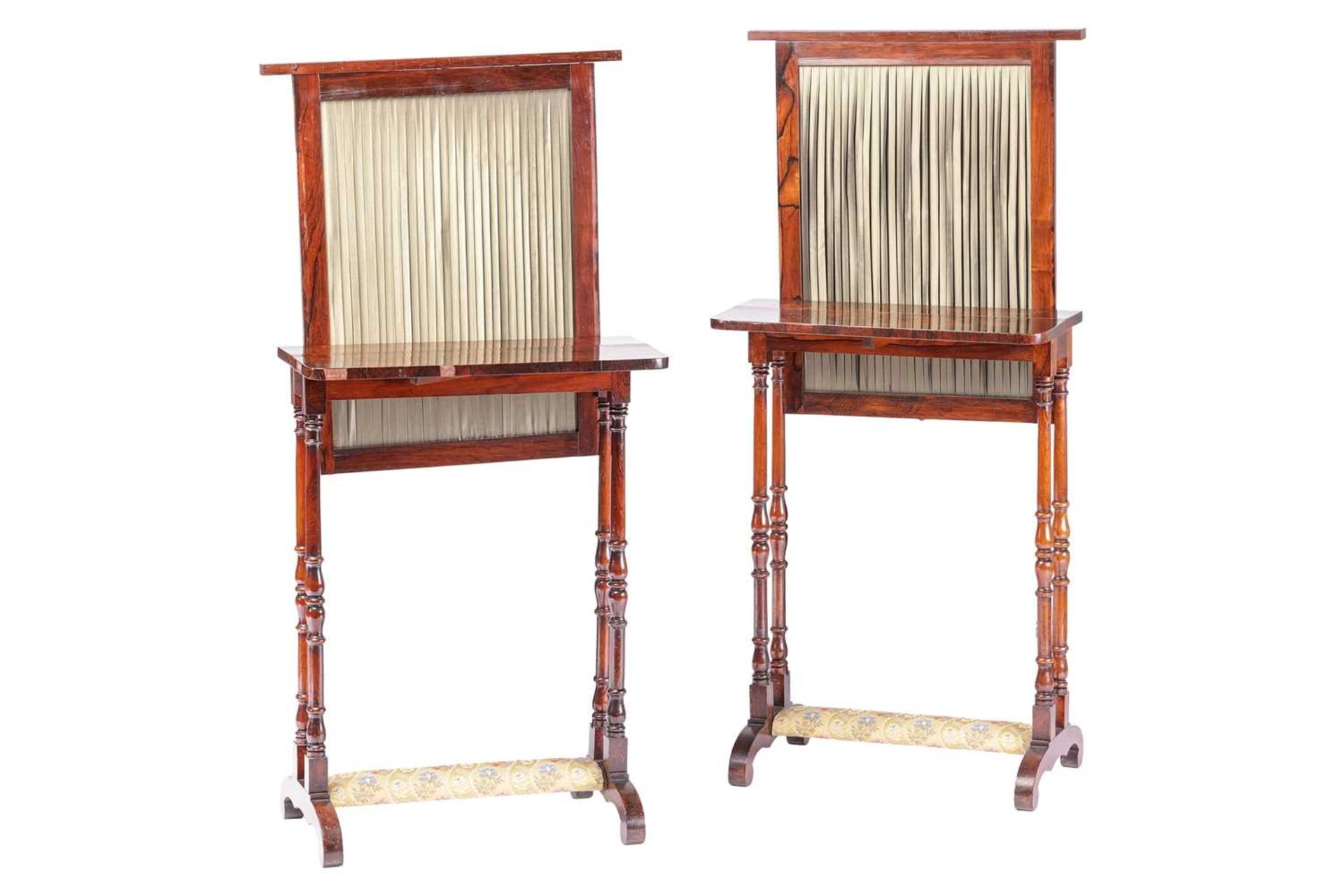 A pair of early 19th-century figured rosewood Prie Dieus, the rise and fall face screens with - Image 3 of 4