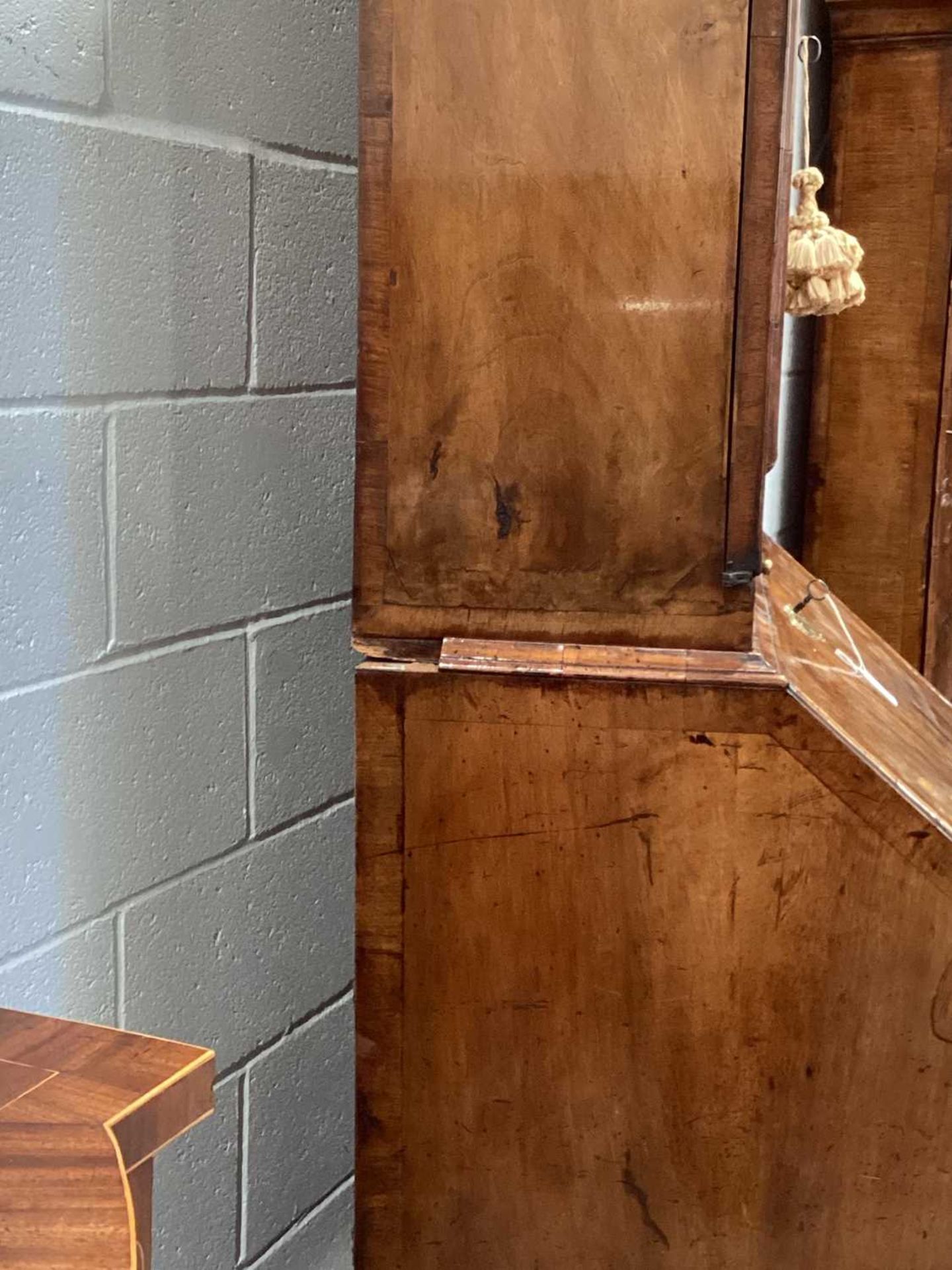 A composite Queen Anne figured walnut double dome bureau bookcase with cross grain moulding - Image 8 of 21