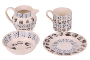 Eric Ravilious for Wedgwood, an 'Alphabet' set of tableware, comprising a mug, bowl, saucer and milk