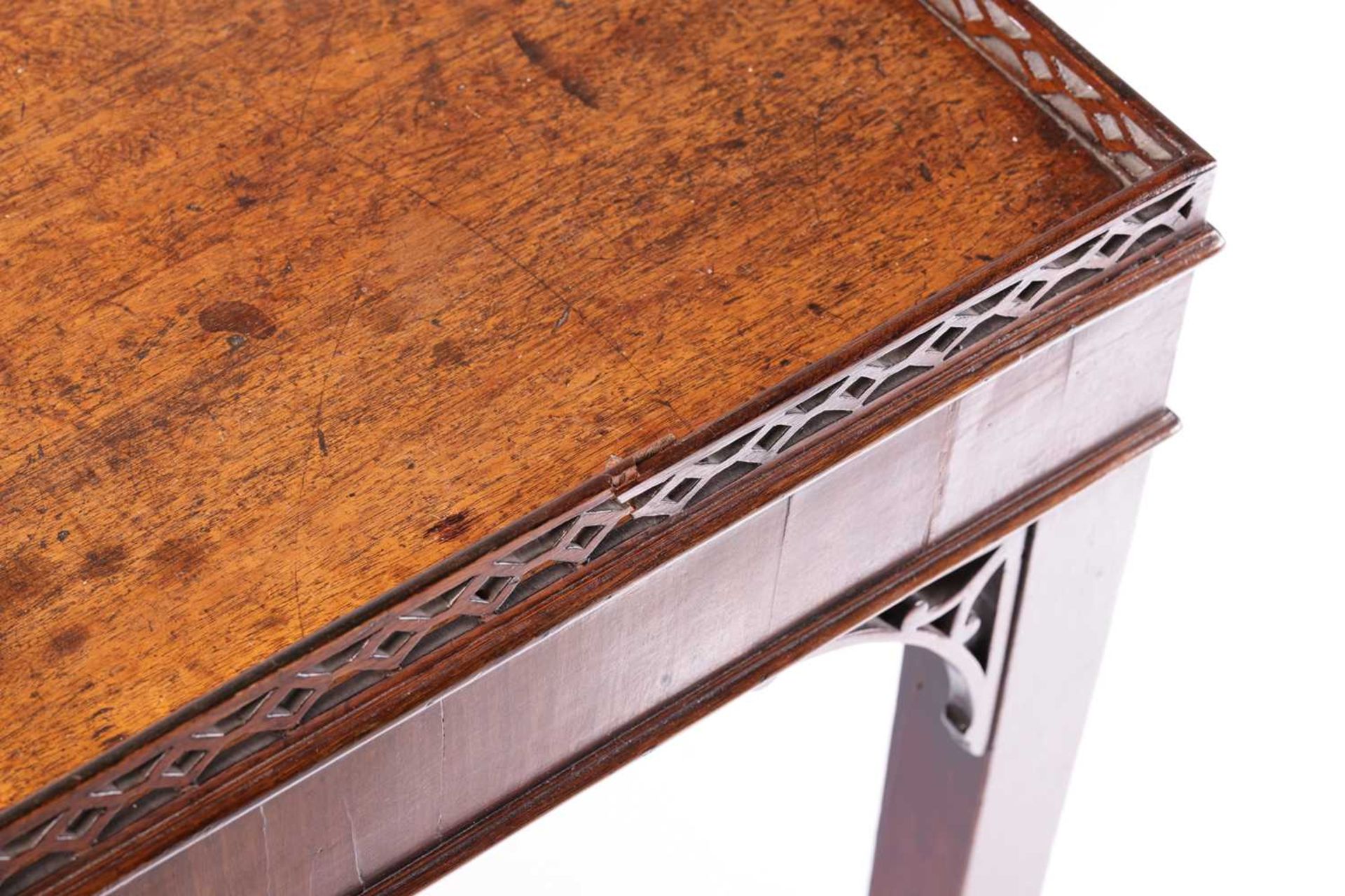A George III mahogany rectangular silver table with a pierced gallery top and corner brackets, on - Image 9 of 16