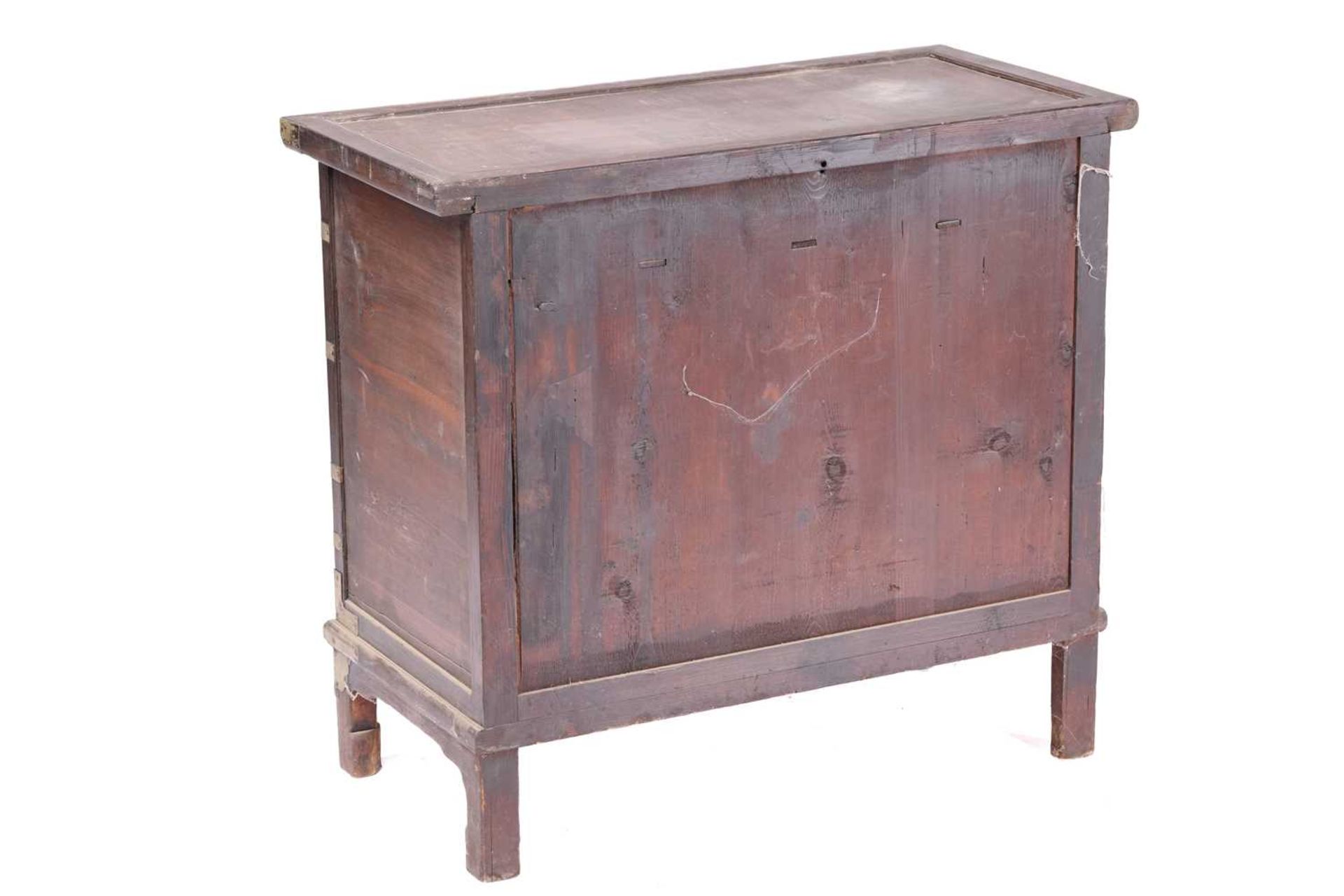 A Korean brass banded elm and stained pine Morijang cabinet with four short drawers over a pair of - Image 5 of 5