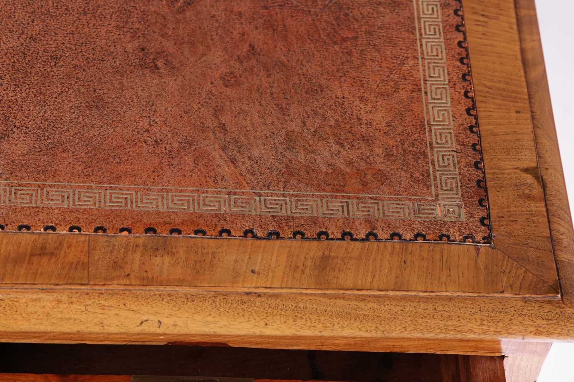 A Victorian mahogany twin pedestal kneehole desk with tooled leather inset and crossbanded border, - Image 4 of 6