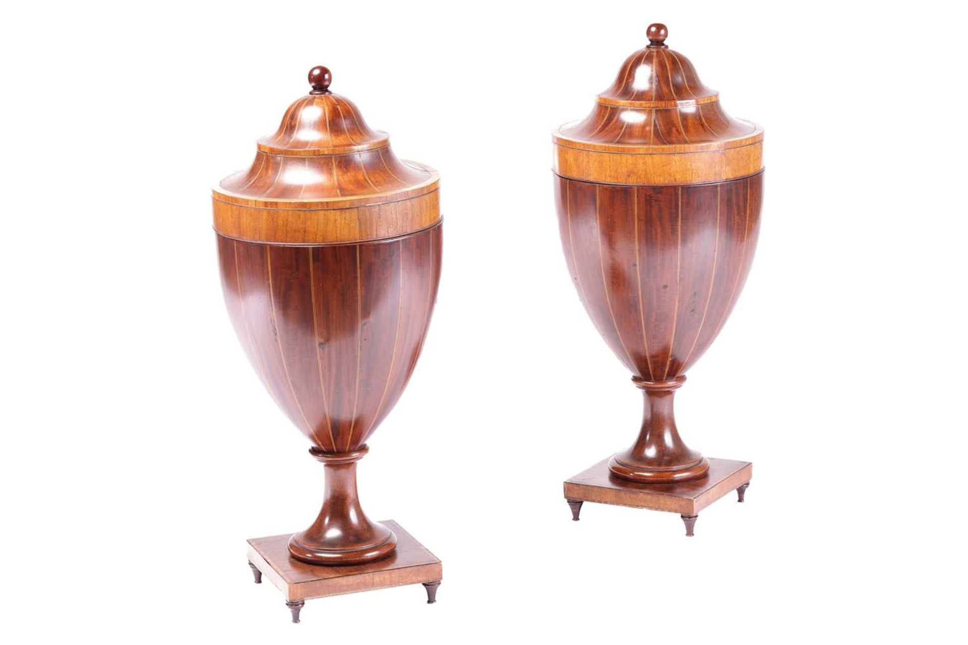 A fine pair of George III Sheraton period mahogany cutlery urn and covers, with fitted galleries - Image 2 of 18