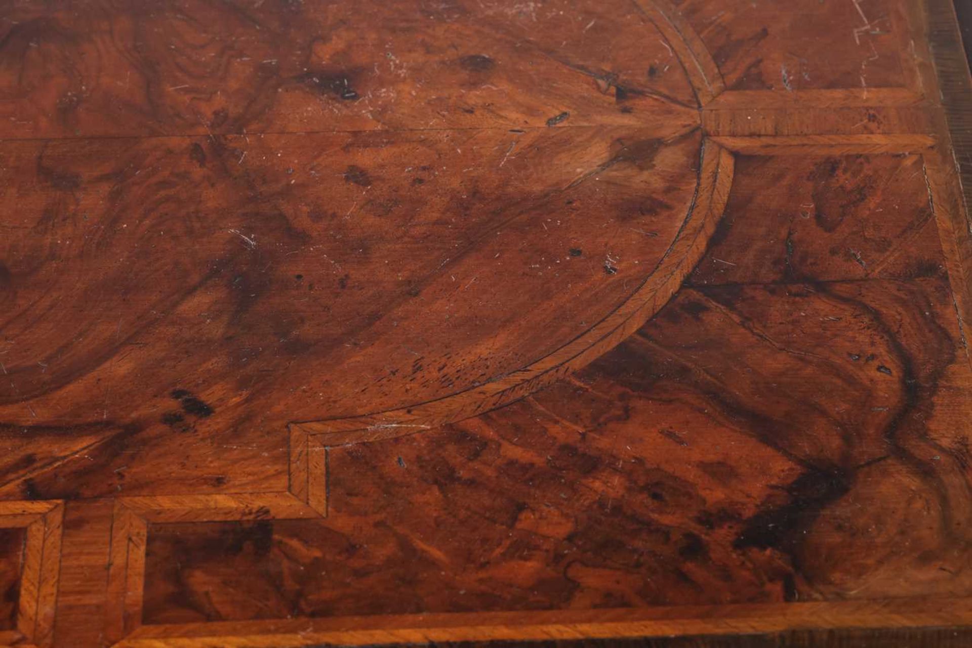 A William & Mary walnut chest of three long drawers, the parquetry top with the central quartered - Image 3 of 11