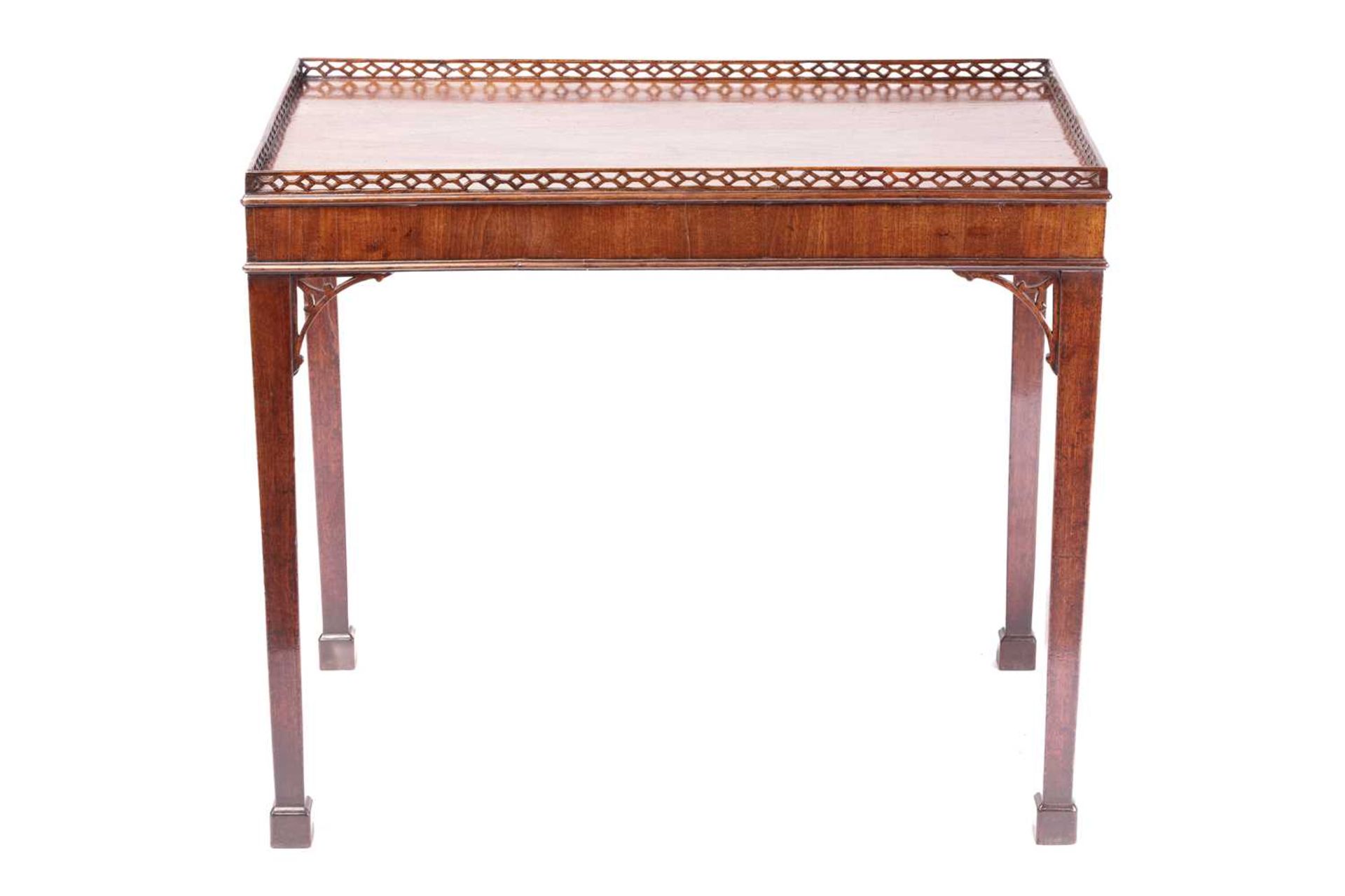 A George III mahogany rectangular silver table with a pierced gallery top and corner brackets, on - Image 2 of 16