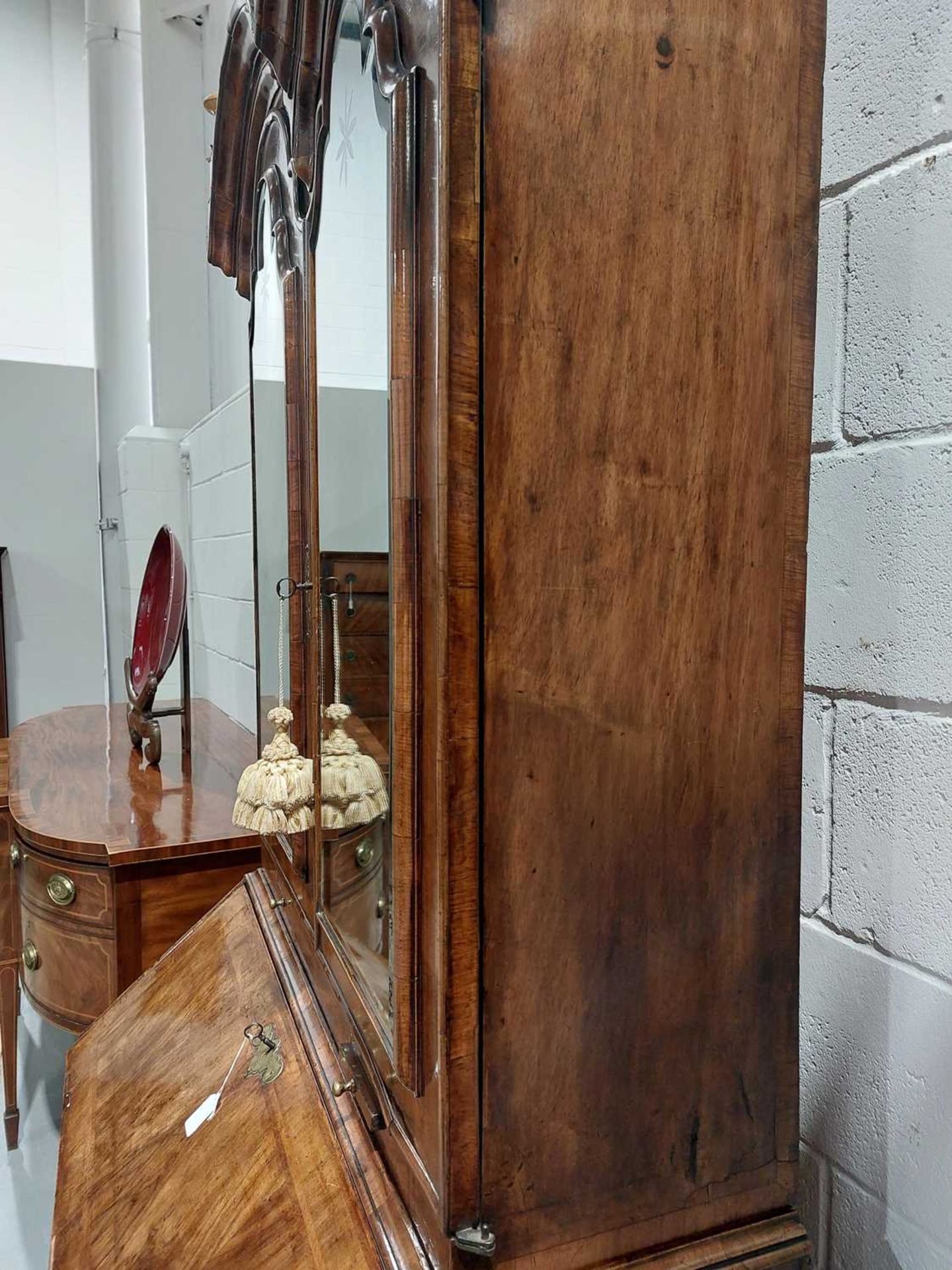 A composite Queen Anne figured walnut double dome bureau bookcase with cross grain moulding - Image 17 of 21