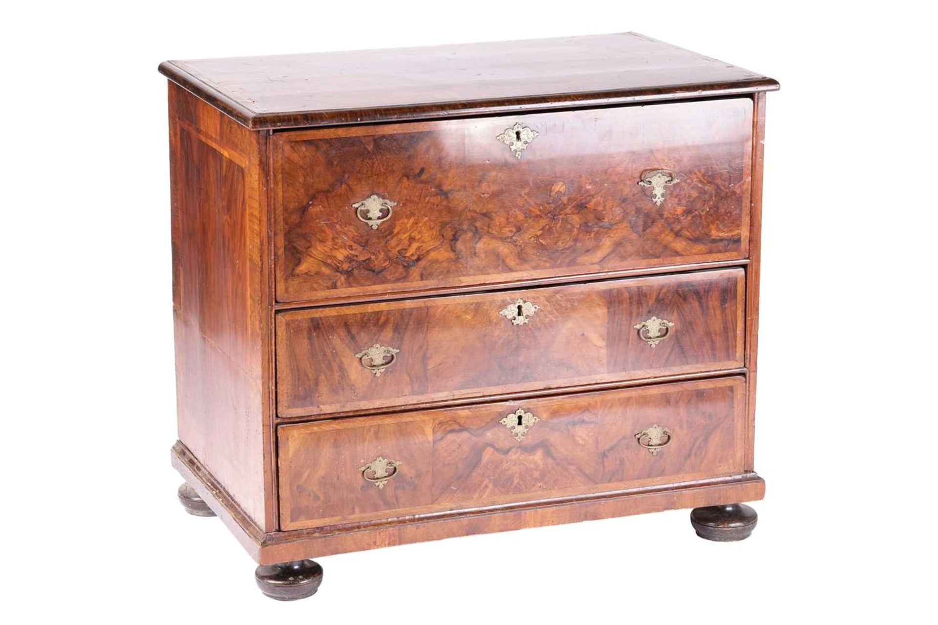 A William & Mary walnut chest of three long drawers, the parquetry top with the central quartered - Image 5 of 11