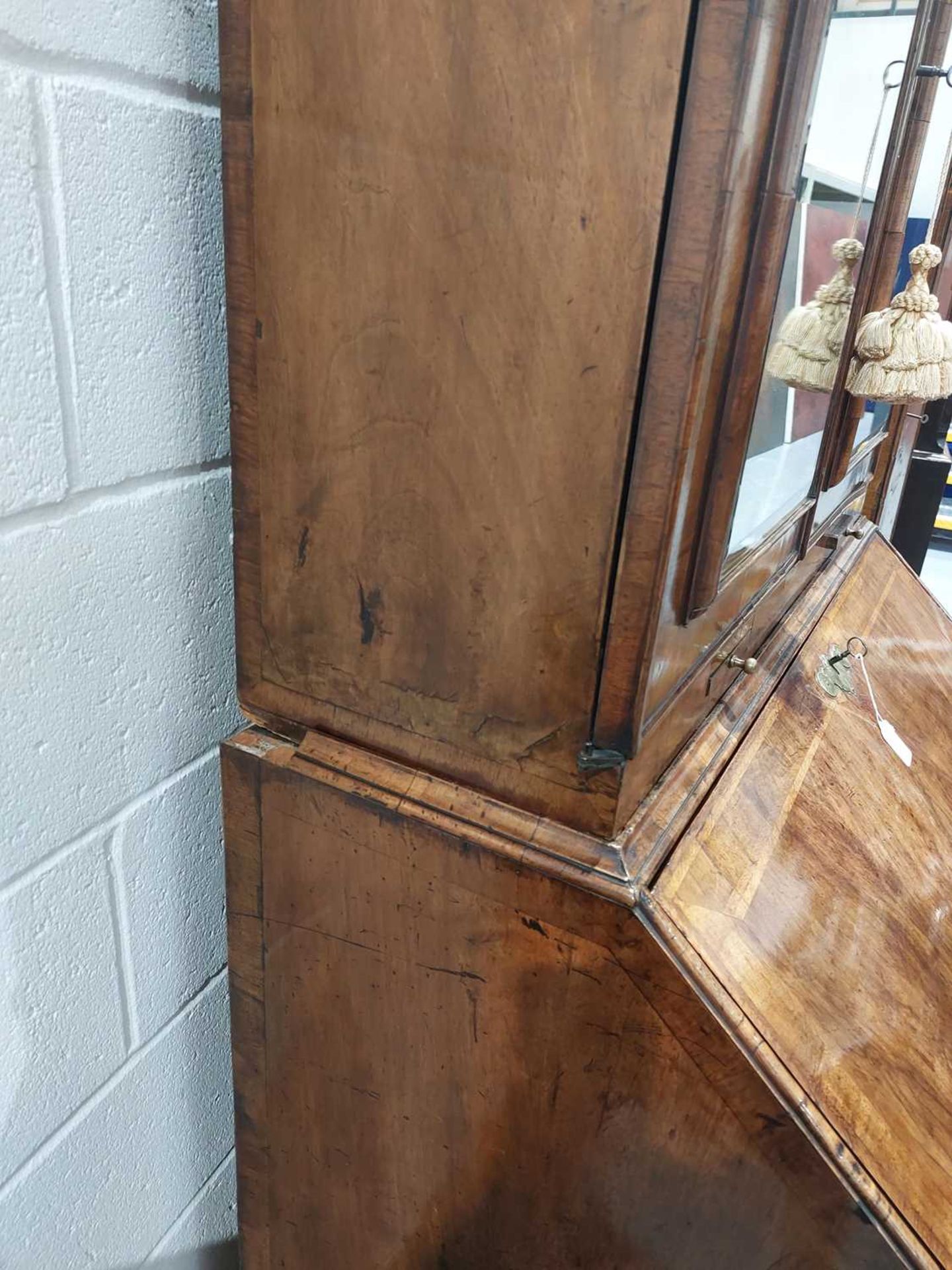 A composite Queen Anne figured walnut double dome bureau bookcase with cross grain moulding - Image 21 of 21