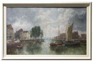 Attributed to Paul Jean Clays (1819-1900) Belgian, Vessels in a town harbour, unsigned, oil on