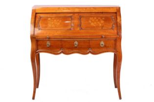 A Louis XV fruitwood and marquetry inlaid cylinder bureau, the cover opening to reveal a four-drawer