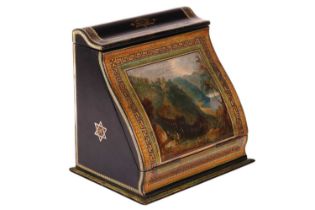 An early Victorian black papier mache piano-fronted writing cabinet in the manner of Walton of