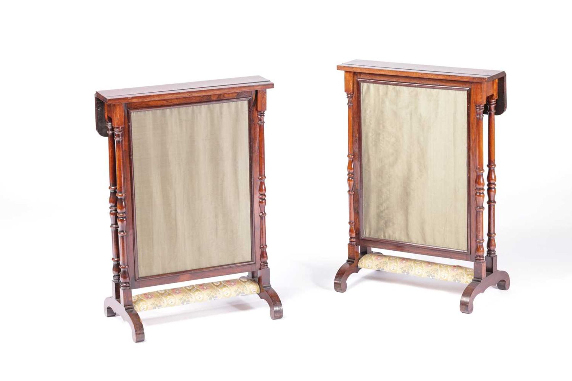 A pair of early 19th-century figured rosewood Prie Dieus, the rise and fall face screens with - Image 2 of 4