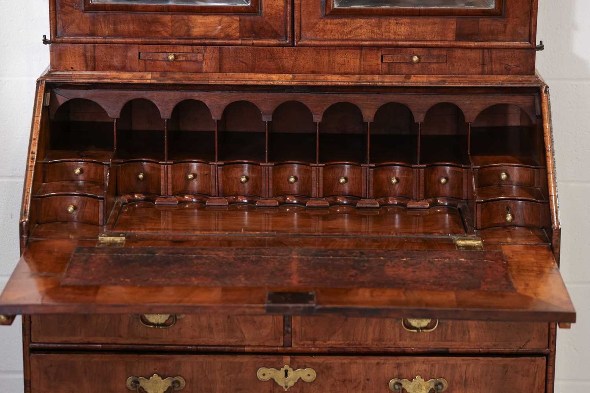 A composite Queen Anne figured walnut double dome bureau bookcase with cross grain moulding - Image 5 of 21