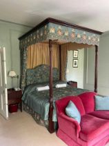 George III "Sheraton Style" mahogany four-poster bed, 20th century, with carved acanthus and