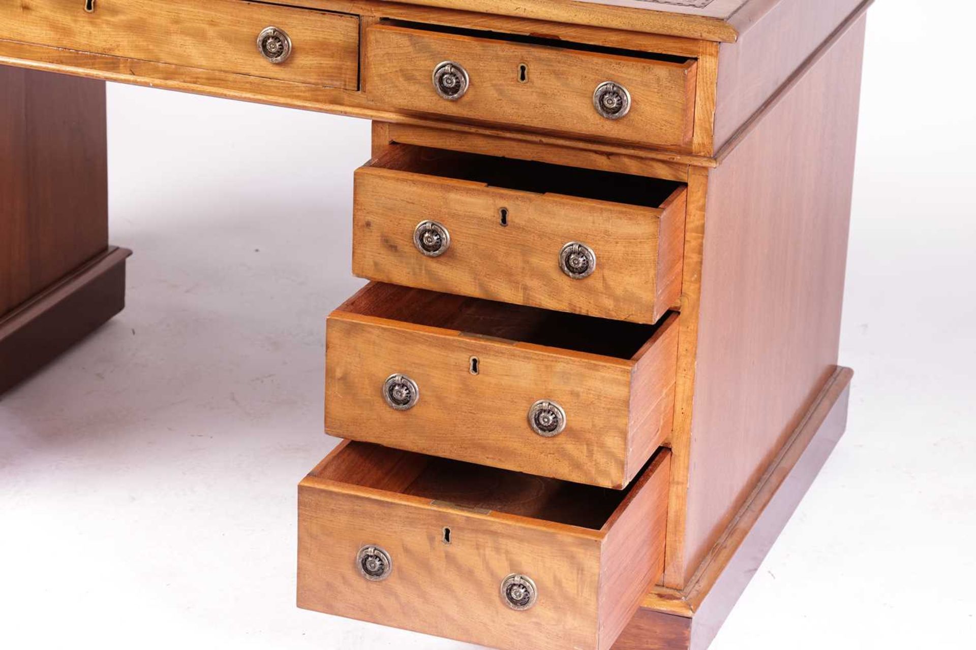 A Victorian mahogany twin pedestal kneehole desk with tooled leather inset and crossbanded border, - Image 2 of 6