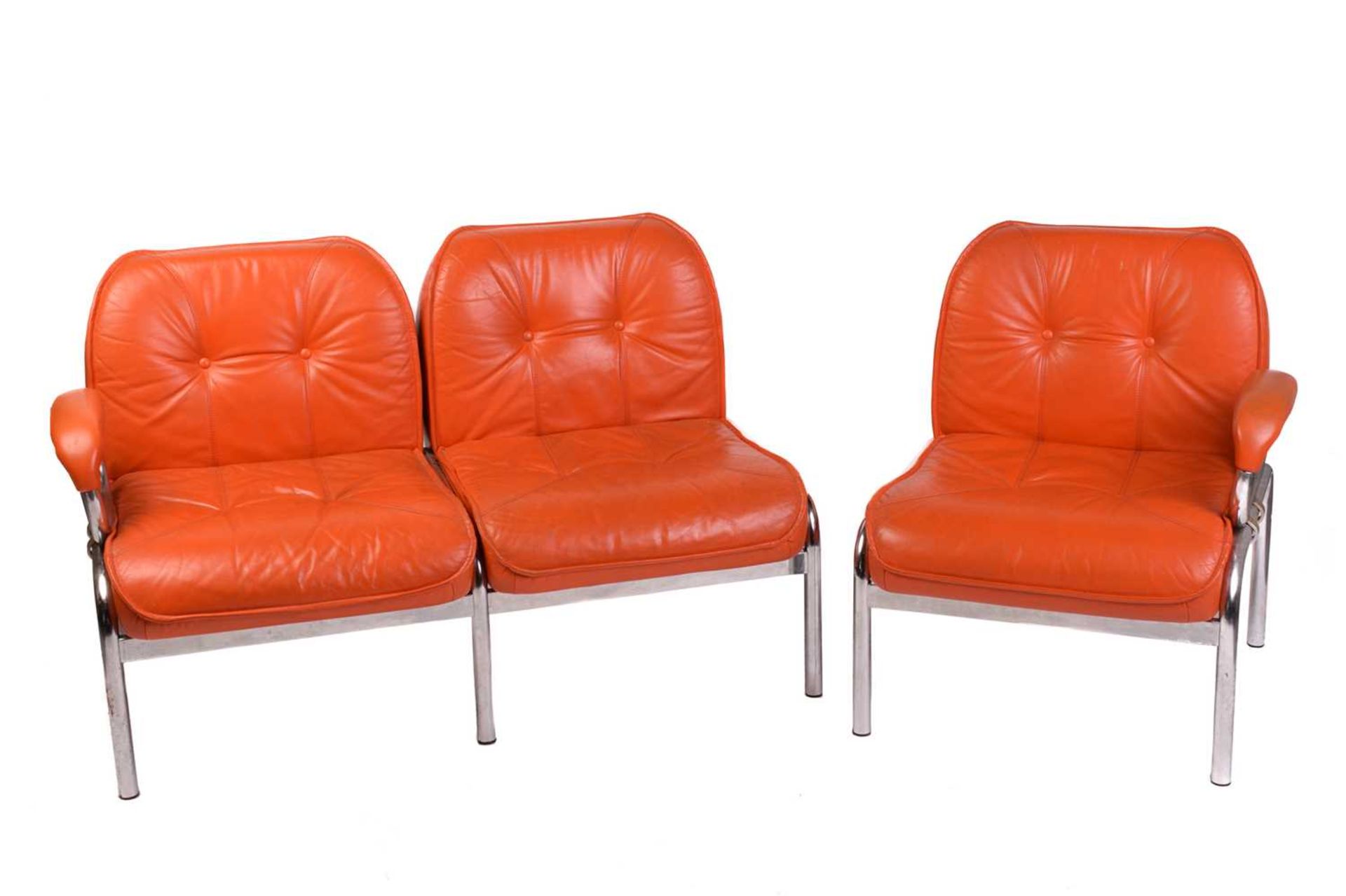 A set of modular Girsberger 'Model 1400' lounge chairs, with orange leather button upholstery and - Image 6 of 11