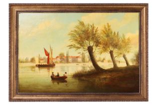 Brian Coole (1939 - 2022), Continental river scene with barges and boats (in the 18th-century