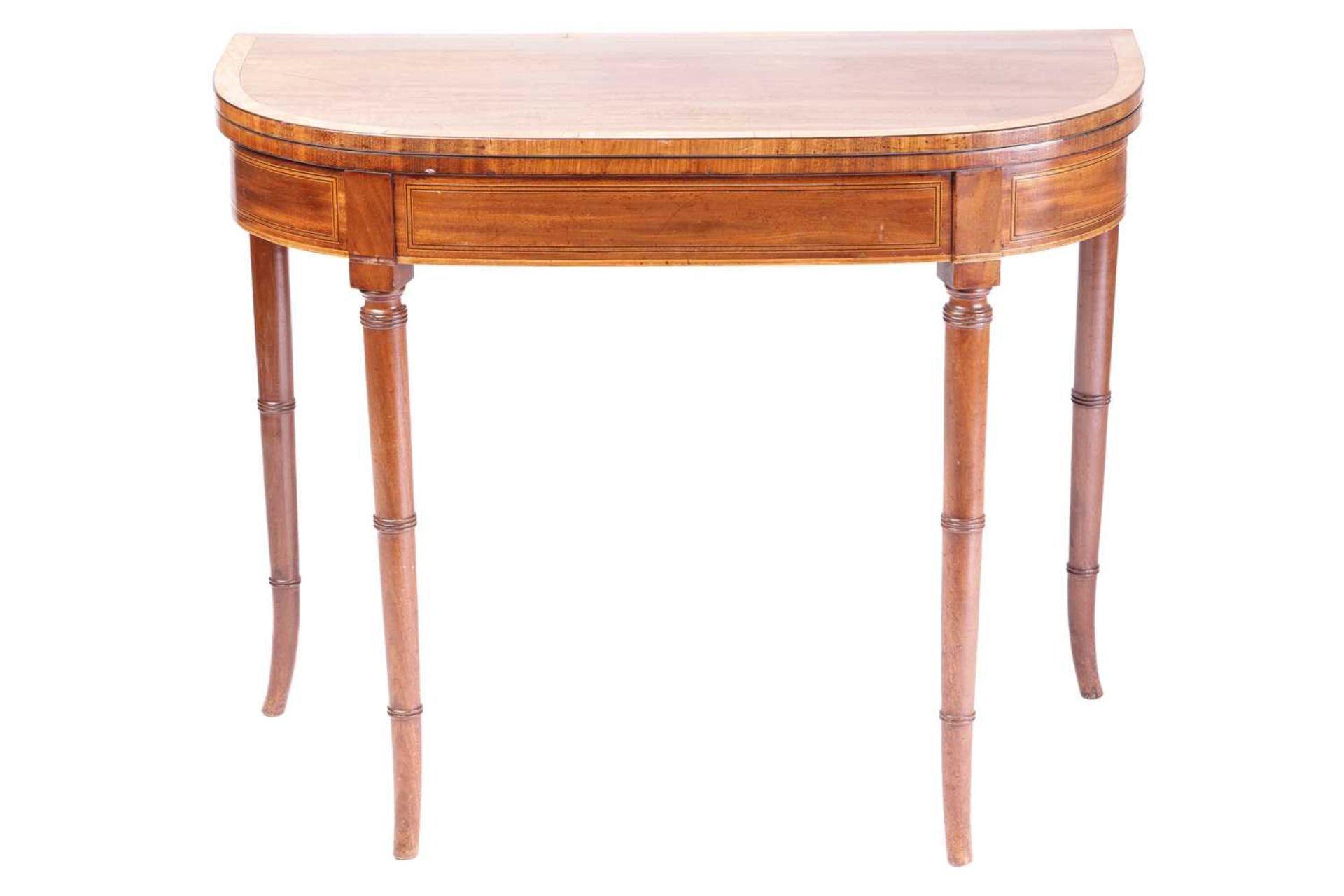 A George III bow-fronted mahogany fold-over tea table, with satinwood crossbanding supported on - Image 2 of 7