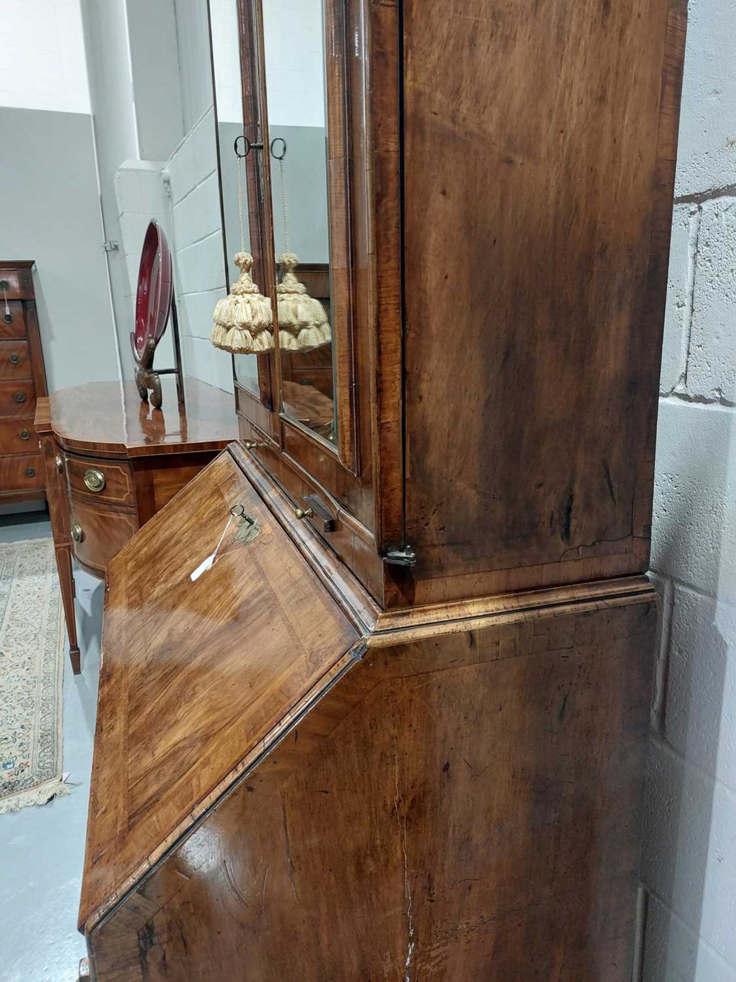 A composite Queen Anne figured walnut double dome bureau bookcase with cross grain moulding - Image 20 of 21