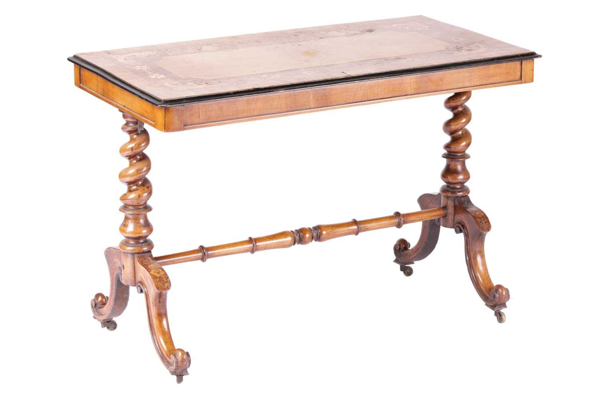 A Victorian marquetry inlaid walnut rectangular end table, the broad crossbanded top with a border - Image 2 of 7