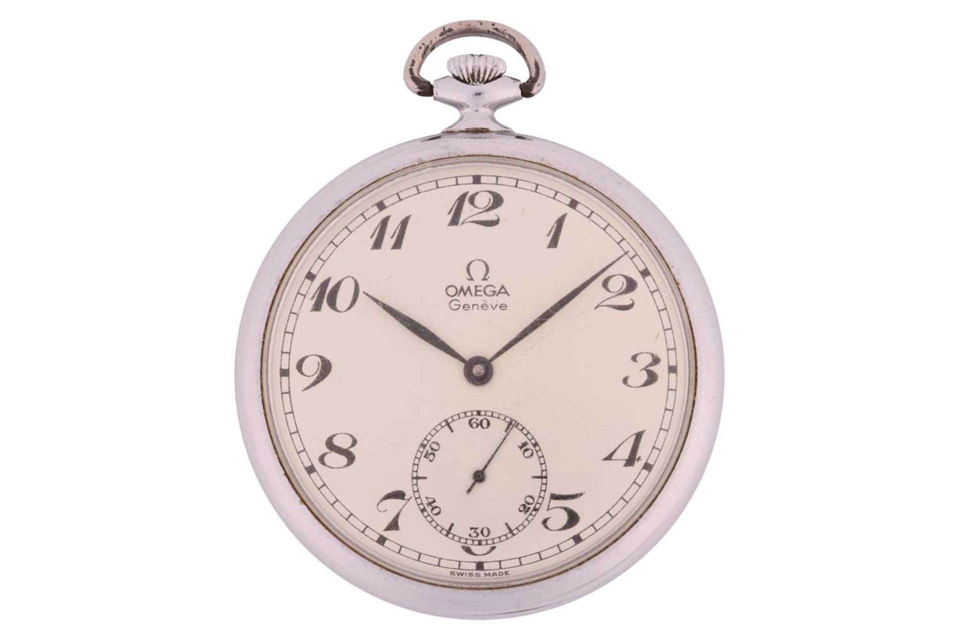 An Omega open-face pocket watch, featuring a keyless wound movement calibre 960 in a steel case
