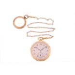 An open-face 18ct gold pocket watch and chain, featuring a keyless wound movement in an 18ct gold