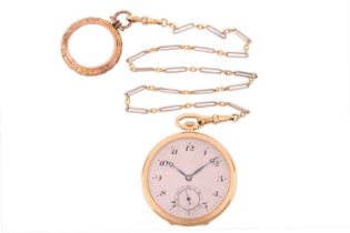 An open-face 18ct gold pocket watch and chain, featuring a keyless wound movement in an 18ct gold