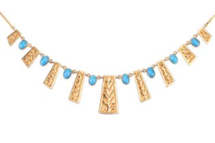 A turquoise-set fringe necklace, the front suspending nine foliate engraved panels of shaped