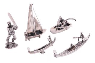 A collection of five boating and sports figurines, all stamped '925' or '800', comprising a silver
