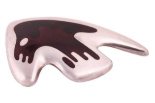 Georg Jensen - an abstract 'amoeba' maroon enamel brooch, fitted with a hinged pin stem and roll-