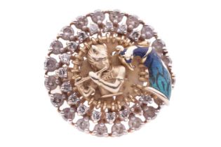 A diamond-set dress ring depicting Krishna and a peacock, the raised figure surrounded by a two-