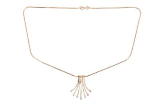 A diamond-set fringe pendant necklace, the snake chain suspending seven graduated drops with diamond