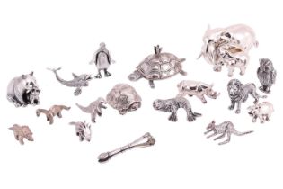 A collection of sixteen animal figures, all stamped '925' or '835'; comprising a mother and baby