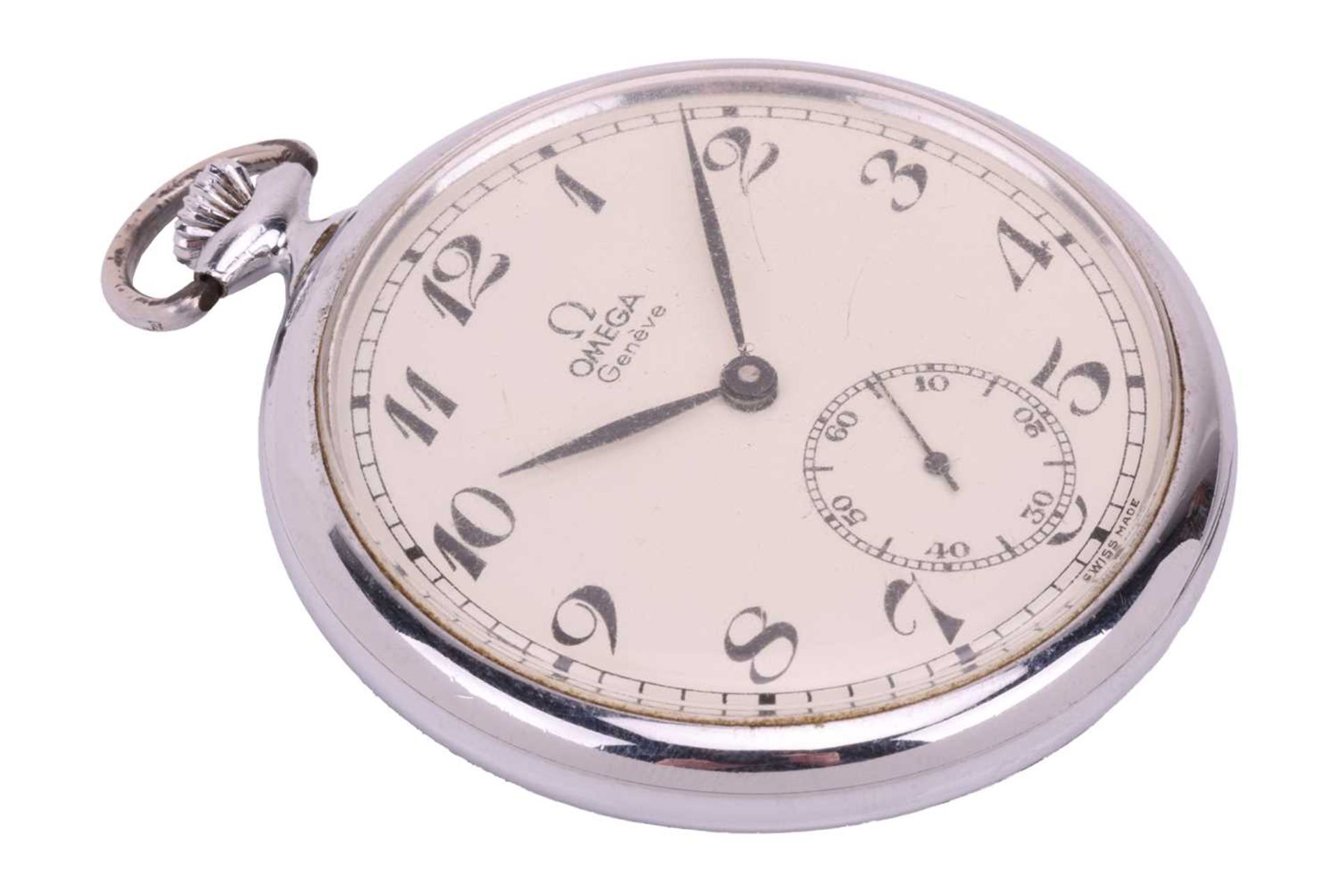 An Omega open-face pocket watch, featuring a keyless wound movement calibre 960 in a steel case - Image 3 of 4