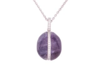 A Fabergé blue john egg pendant, the cabochon cut gemstones set in 18ct white gold and featuring a