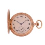 A 9ct rose gold full hunter pocket watch, featuring a Swiss-made keyless wound movement in the 9ct