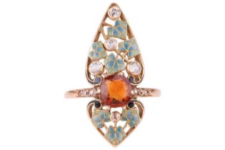 Henri Dubret - an Art Nouveau gem-set foliage panel ring, circa 1900s, the navette-shaped ring