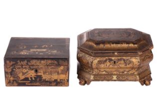 A Chinese black lacquer ogee moulded two-section tea caddy, c.1800, painted with gilt Oriental