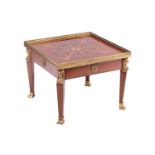 A 20th-century French Empire-style gallery-topped square coffee table with inlaid decoration and