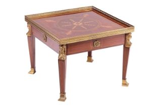 A 20th-century French Empire-style gallery-topped square coffee table with inlaid decoration and