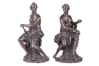 After Guillaume Coustou, a pair of seated Allegorical figures, one signed Coustou, bronze, 39 cm