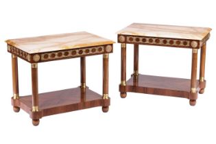 A pair of 20th century Louis XVI style rectangular low-side tables with marble effect tops and