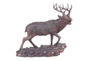 Christophe Fratin (1801 - 1864) French, A barking stag, signed Fratin on the base, bronze, 35.5 cm