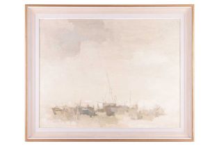 Mona Killpack (1918-2009), Boat Bay, inscribed verso, oil on board, 71 x 92 cm, framed 87 x 107 cm
