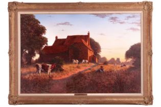 Edward Hersey (b.1948), Dusk landscape with farmhouse and cattle, signed, oil on canvas, 51 x 76 cm,